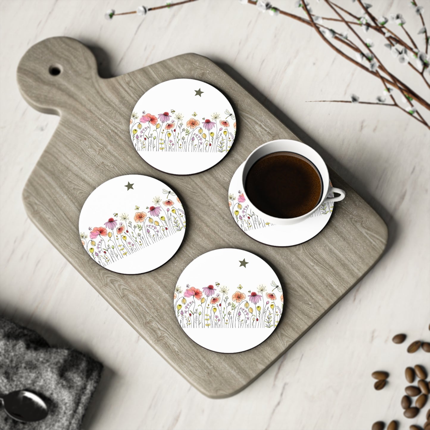 Floral Coasters, Eco-Friendly Drink Coasters for Home Decor, Perfect for Weddings, Housewarming Gifts, Coffee Lovers